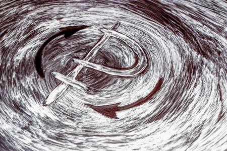 The sign of the Russian ruble on the background of the flag. The crisis. The fall of the currency. Concept for business and design.の写真素材