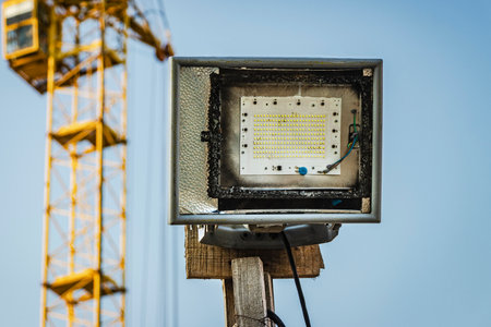 Lighting LED floodlight on a construction site for lighting in the darkの写真素材