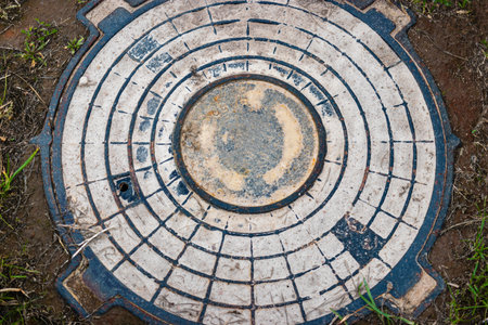 Installation of a heavy cast iron sewer manhole on a well. Sewerage system in construction. Close-upの写真素材