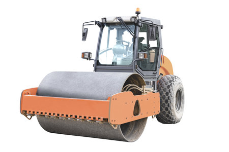 Heavy-duty vibratory roller for asphalt paving on white isolated background. Road construction...