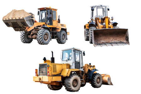 Set of heavy eh wheel loaders on a white isolated background. Construction machinery. Transportation...