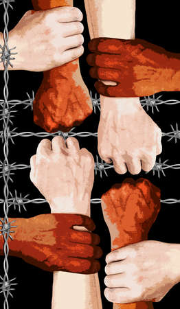 Hands of people of different nationalities and skin colors hold each other by the wrists against the...