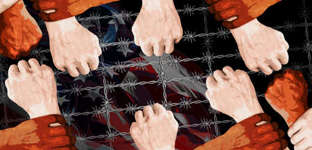 The hands of people of different nationalities and skin colors hold each other by the wrists against...
