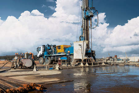 Drilling rig close-up at a construction site. Deep hole drilling. Extraction of minerals oil and...