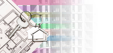 The concept of mortgage and rental housing and real estate. Mortgage credit lending. Metal keychain...