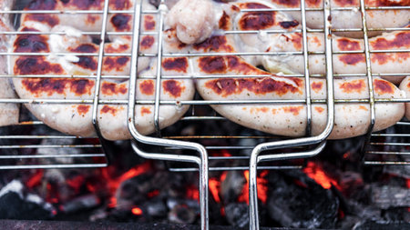 Cooking juicy sausages on a charcoal grill. close-up. selective focus. Meat snack on fireの写真素材