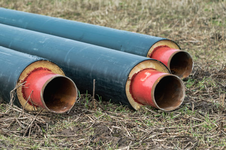 Metal pipes with thermal insulation of the district heating system for minimal heat loss....
