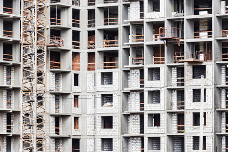 Monolithic frame construction of the building. Solid walls of concrete. The framework for the walls. Formwork for walls made of concrete. Construction site close upの写真素材