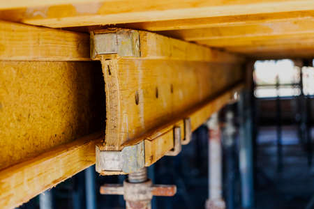 Formwork for pouring the second floor of a monolithic building. Reinforcement of walls and ceiling. Monolithic work during the construction of a building close-up. construction technologiesの写真素材