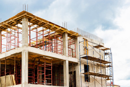 Construction of a new monolithic reinforced concrete house. Formwork for pouring the next floor....