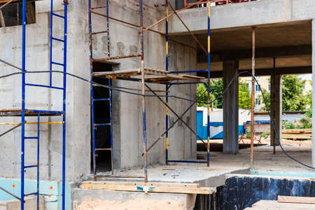 Construction of a new monolithic reinforced concrete house. Formwork for pouring the next floor....