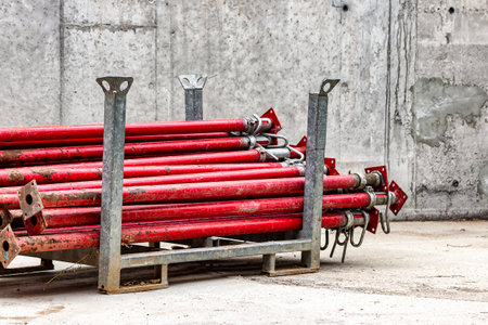 Formwork supports the second floor of a monolithic building. Reinforcement of walls and ceiling. Monolithic work during the construction of a building close-up. construction technologiesの写真素材