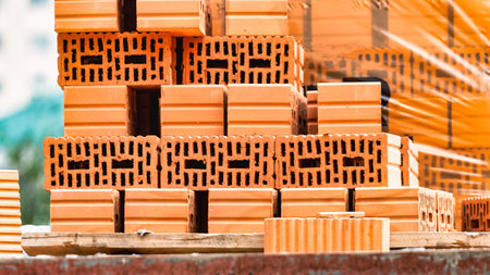 Red ceramic bricks at the construction site. Keramoblock. Hollow brick. Construction of a red brick...