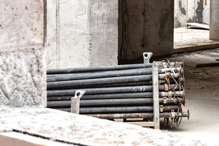 Formwork supports the second floor of a monolithic building. Reinforcement of walls and ceiling....
