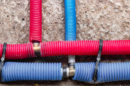 Water pipes corrugated in red and blue. Plumbing system in the floor. Pipe laying on the floor of...