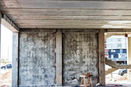 Construction of a monolithic concrete building. Modern monolithic construction. Reinforced concrete walls. Reinforced concrete wallの写真素材