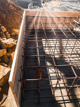 Foundation site of new building, details and reinforcements with steel bars and wire rod, preparing...