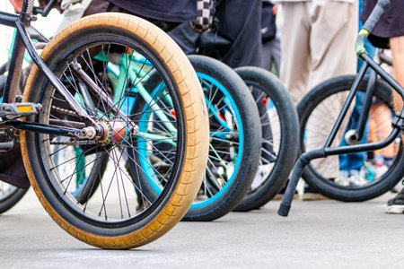 Bicycle for jumps and tricks BMX in the skatepark. Sports bike close up. Cyclingの写真素材