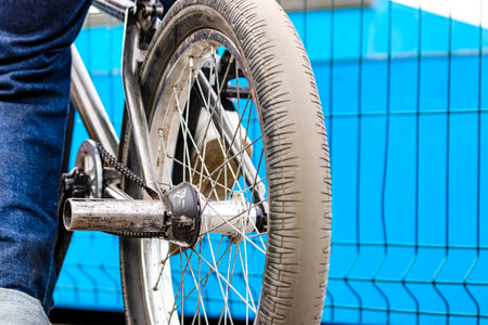 Bicycle for jumps and tricks BMX in the skatepark. Sports bike close up. Cyclingの写真素材