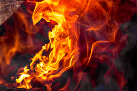 Burning fire close up. Bright orange and red flames on a dark background. open flame heating. Problems with heating and gasの写真素材