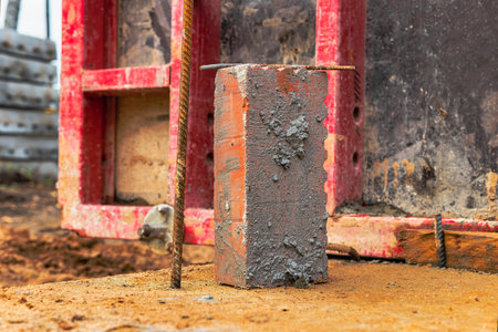 Reinforced concrete foundation of a modern monolithic residential building. Prepared formwork with...