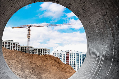 insulated pipe. Large metal pipes with a plastic sheath laid in a trench. Modern pipeline for supplying hot water and heating to a residential areaの写真素材