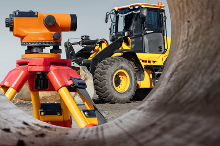 A bulldozer or loader plans the ground at a construction site. View from a large pipe. Close-up of...