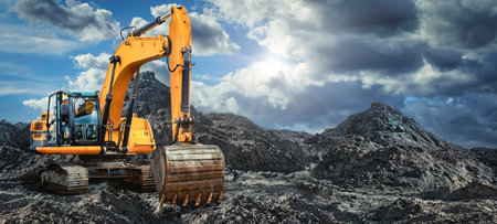 A large yellow excavator moving stone or soil in a quarry. Heavy construction hydraulic equipment. excavationの写真素材