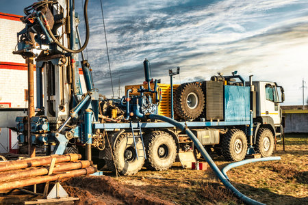 The drilling rig close-up is drilling a well against the background of the cloudy sky. Deep hole...