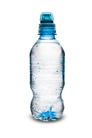 Cold drinking water in a plastic bottle with a dispenser on a white isolated background. Fresh water in a misted bottle for sports and outdoor activitiesの写真素材
