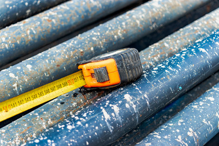 water pipe in the bay on the construction site. construction tape. Material for plumbing work. Construction work on laying communicationsの写真素材