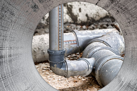 Sewer pipes in home basement. System of gray sanitary pipes when building a house. Sewer...