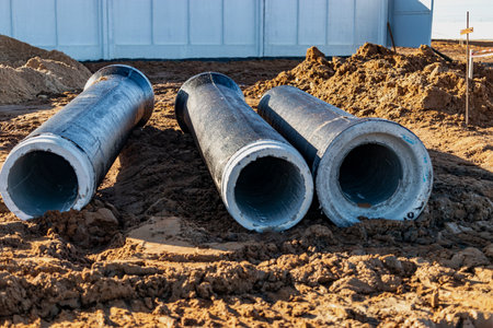 New sewer reinforced concrete pipes lie on the construction site. Reconstruction of the sewerage and...