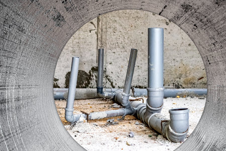 Sewer pipes in home basement. System of gray sanitary pipes when building a house. Sewer...