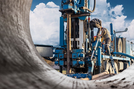 Drilling rig repair and maintenance. Preparation for drilling operations. Drilling of deep wells. Exploration work. mineral exploration. Extraction of gas and oilの写真素材