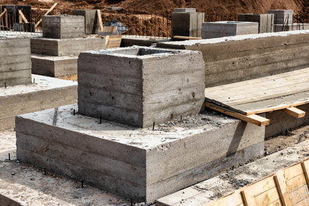 Monolithic reinforced concrete foundations for the construction of a large building. Rostverk at the construction site. Construction pit with foundation. close-upの写真素材