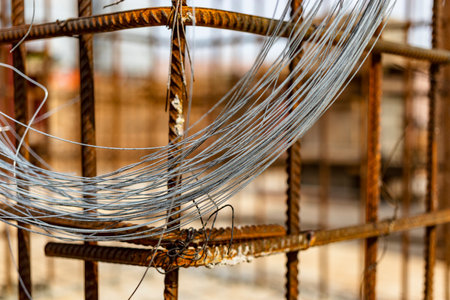 The use of knitting wire for reinforcement in the construction of foundations and grillages. Prepared knitting wire hangs on the reinforcing cage of the foundation. Reinforcement connection. close-upの写真素材