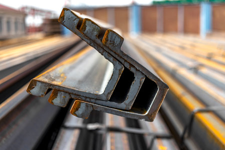 Rolled metal profile in a metal products warehouse. Steel profiles for the production of metal structures, profiles, rolled metal products for constructionの写真素材