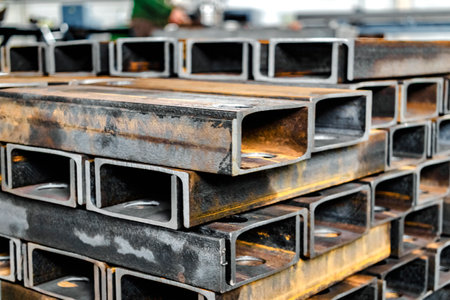 Rolled metal profile in a metal products warehouse. Steel profiles for the production of metal structures, profiles, rolled metal products for constructionの写真素材