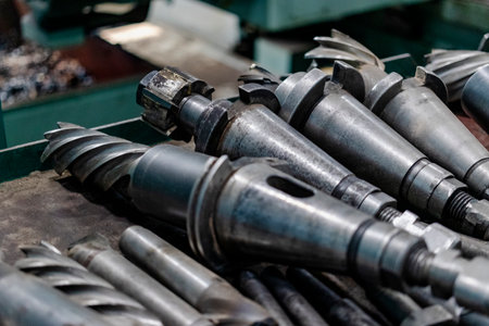 A set of milling cutters on a rack near a lathe. Metalworking cutting mills for CNC machines. Industrial processing of metal products with a cutting tool on an automatic latheの写真素材