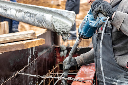 Mixer truck is transport concrete to the casting place on building site. selective focus. Concrete is flowing into the foundations of the building. Monolithic concrete works. Vibration of concreteの写真素材