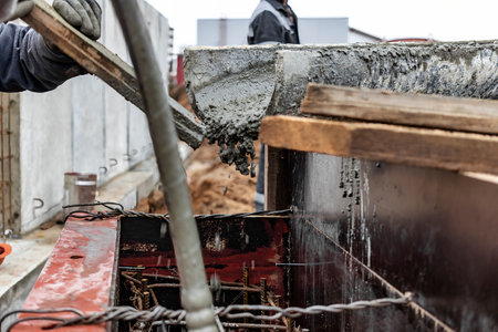 Mixer truck is transport concrete to the casting place on building site. selective focus. Concrete...