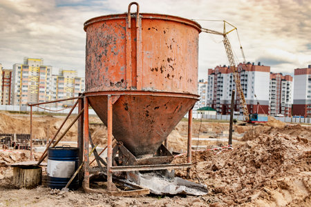 Cone tank for conveying and pouring concrete in monolithic construction by crane. A capacity for transporting concrete. Reinforced concrete monolithic work at the construction siteの写真素材