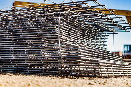 Reinforcing mesh at the construction site. Reinforcing cages for foundations and grillages. close-up. Melaconstructions in modern constructionの写真素材