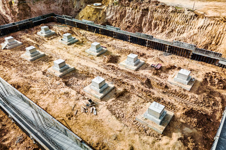 Monolithic reinforced concrete foundations or grillages for the construction of a large modern residential building. Rostverk at the construction site. Foundation for the building. View from aboveの写真素材