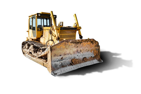 Heavy frontal crawler bulldozer on a white isolated background. construction machinery. Movement of loose materials. road construction. Rental of construction equipmentの写真素材