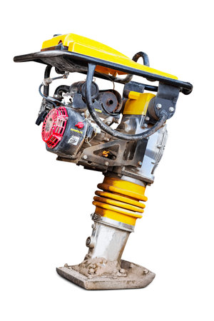 Vibrating rammer on a white isolated background. Vibratory plate compactor designed for the compaction of granular, mixed materials with some cohesive contentの写真素材