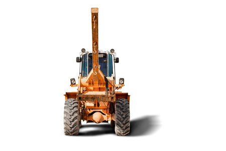 Powerful wheeled front loader for transportation of bulky goods on a white isolated background. construction equipment. Transportation and movement of heavy long loadsの写真素材