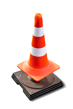 Traffic cone orange white pylon isolated on white background. Designation of a dangerous place on...