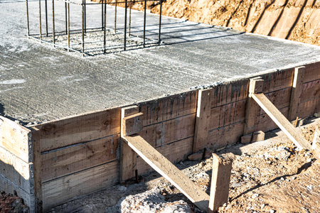 Monolithic reinforced concrete foundation for the construction of a residential building. Grillage on a construction site with wooden formwork. Construction pit with foundationの写真素材